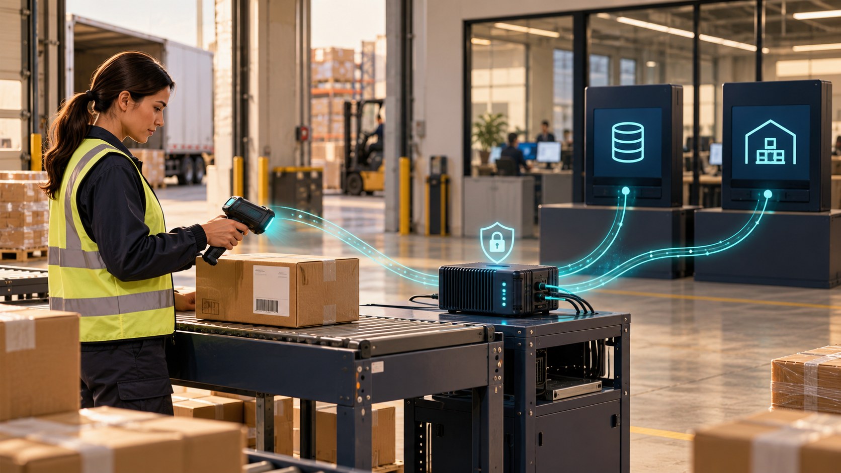 Scan data moving through a secure edge hub to warehouse and database systems